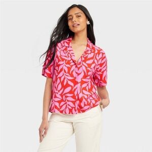 Women's Crepe Short Sleeve Button-Down Shirt - A New Day™ Pink/Red Leaf new